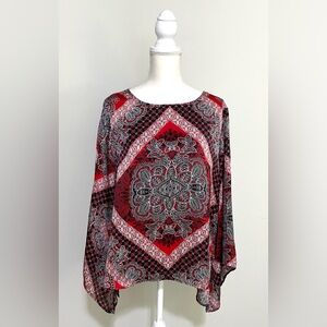 Ellen Tracy Womens XL Red/Black Paisley Print Long Sleeve Satin Top Boho Classic